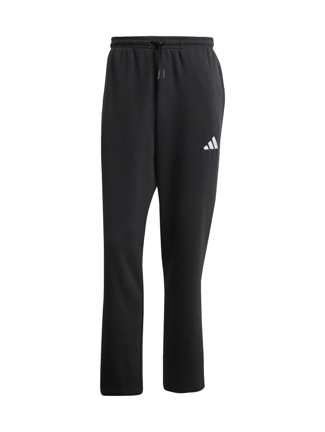 Hombre vistiendo conjunto deportivo Adidas negro con rayas blancas laterales, compuesto por sudadera con capucha y pantalón.
