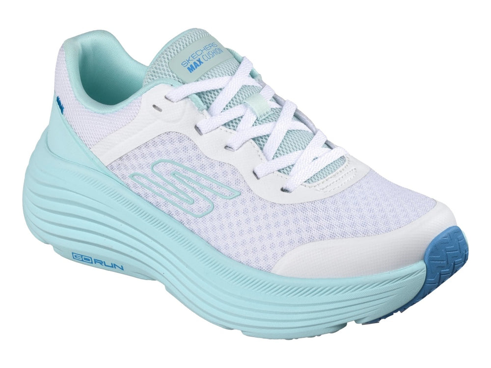 Tenis Skechers Max CS Endeavour en color azul claro y blanco con suela gruesa y malla transpirable.