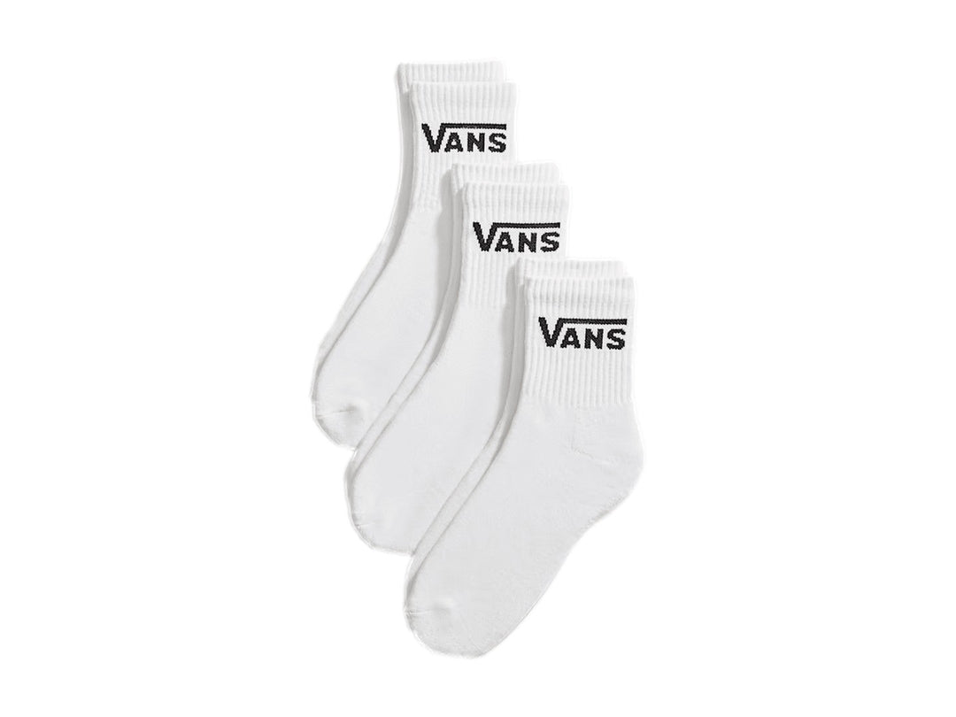 Paquete de calcetas Vans Classic Half Crew en color blanco con logotipo negro en el tobillo.