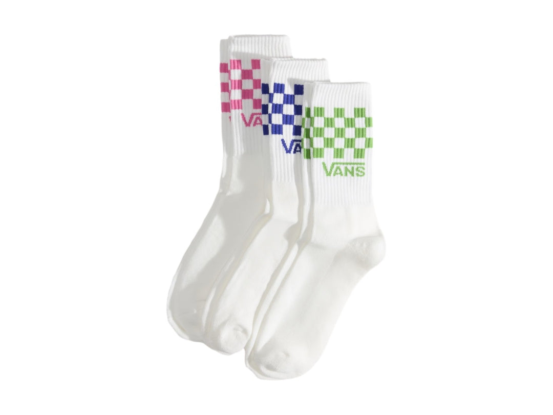 Pack de tres calcetas blancas Vans con diseño de cuadros en colores rosa, azul y verde en la parte superior.