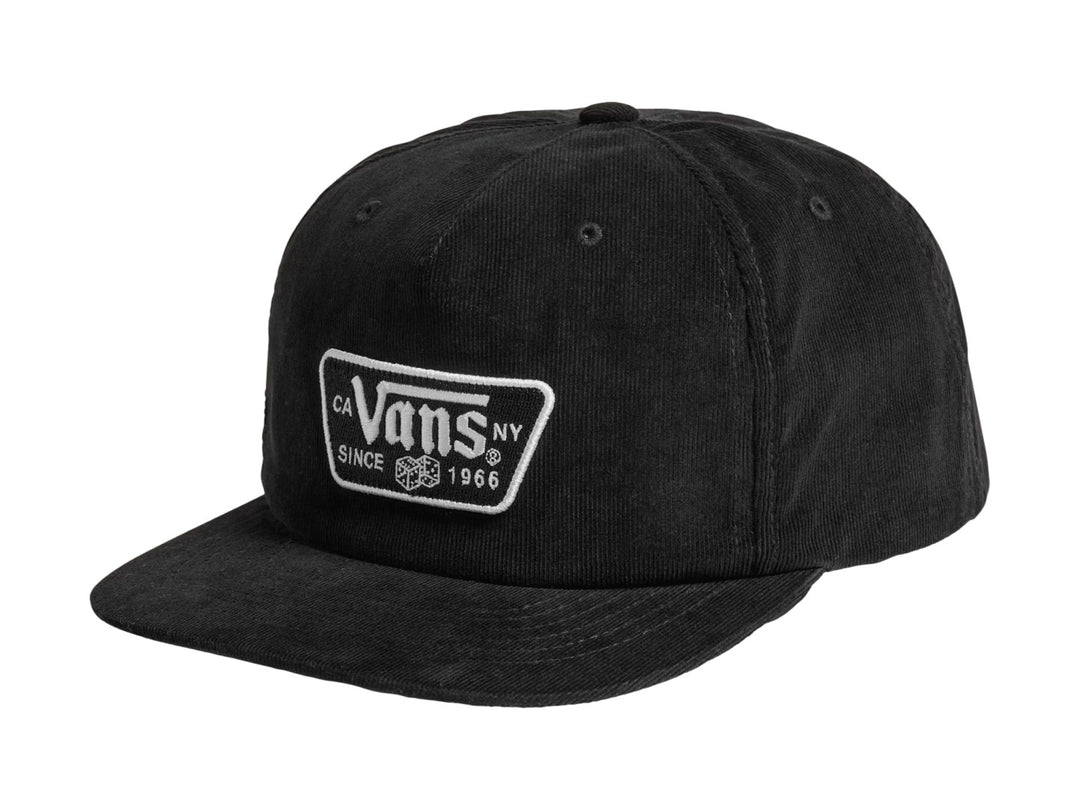 Gorra Vans Knu Patch de color negro en tela de pana con visera plana y parche frontal blanco