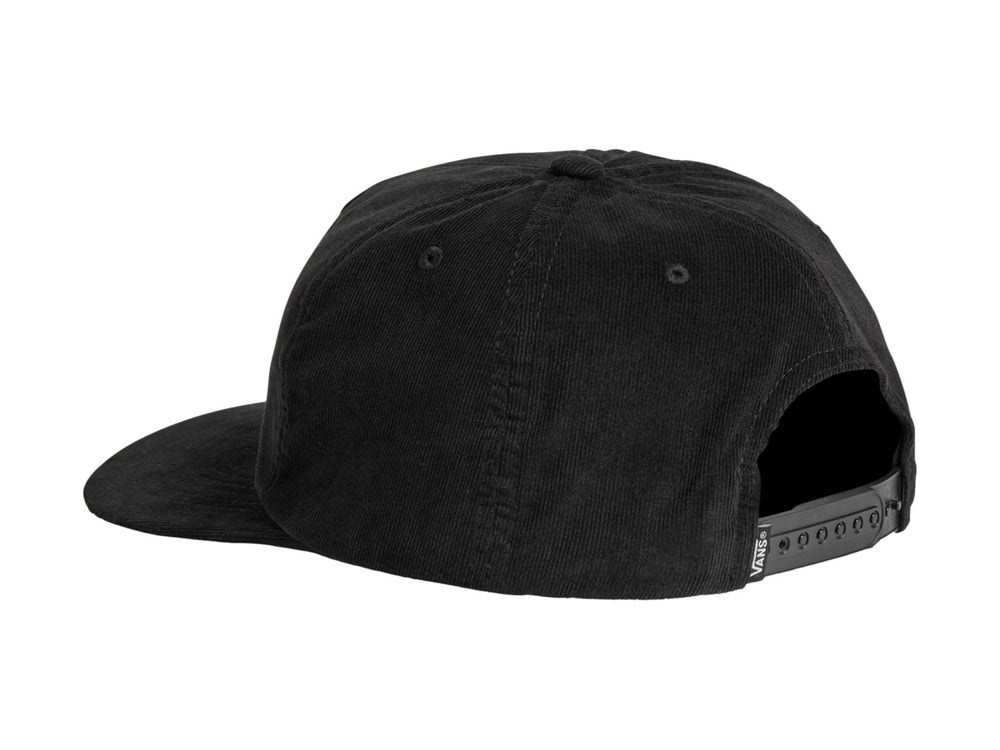 Gorra Vans Knu Patch de color negro en tela de pana con visera plana y parche frontal blanco