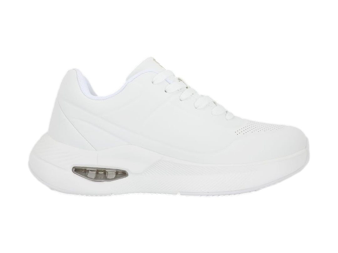 Tenis K-Swiss Lavent V color blanco con suela gruesa y amortiguación visible en el talón.