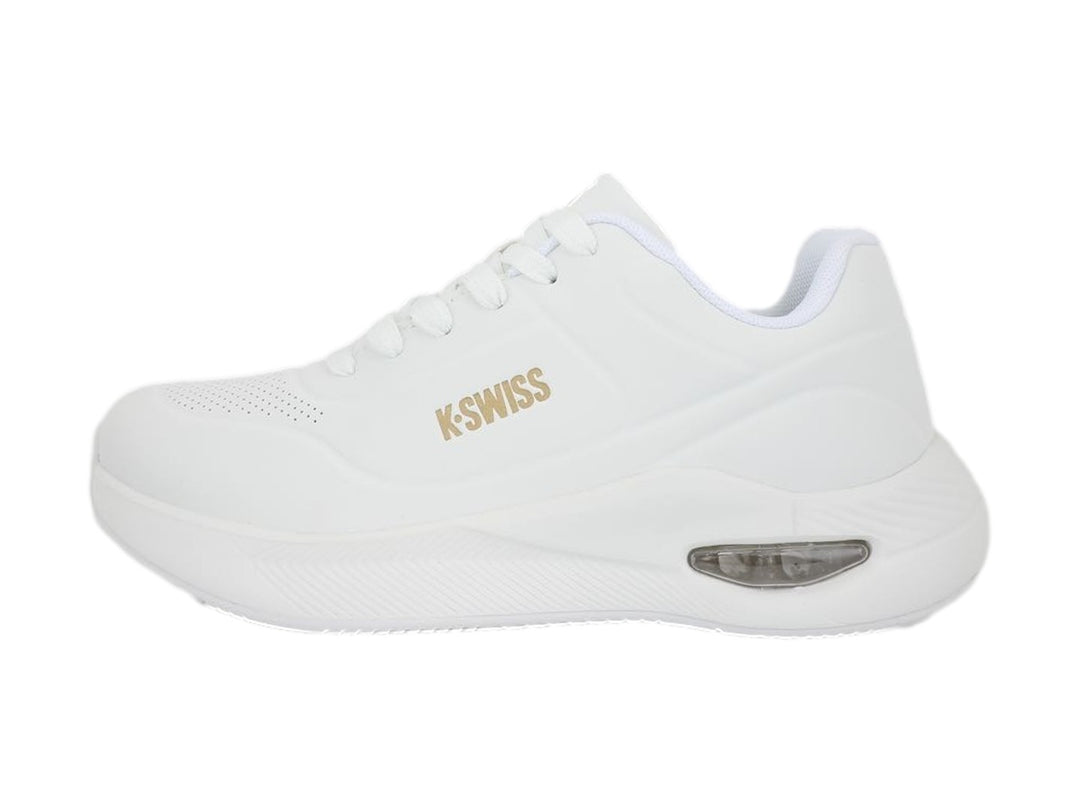 Tenis K-Swiss Lavent V color blanco con suela gruesa y amortiguación visible en el talón.