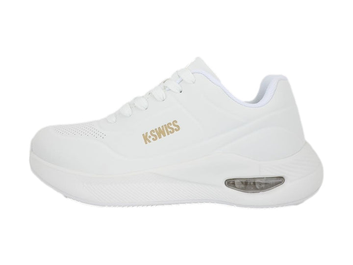 Tenis K-Swiss Lavent V color blanco con suela gruesa y amortiguación visible en el talón.