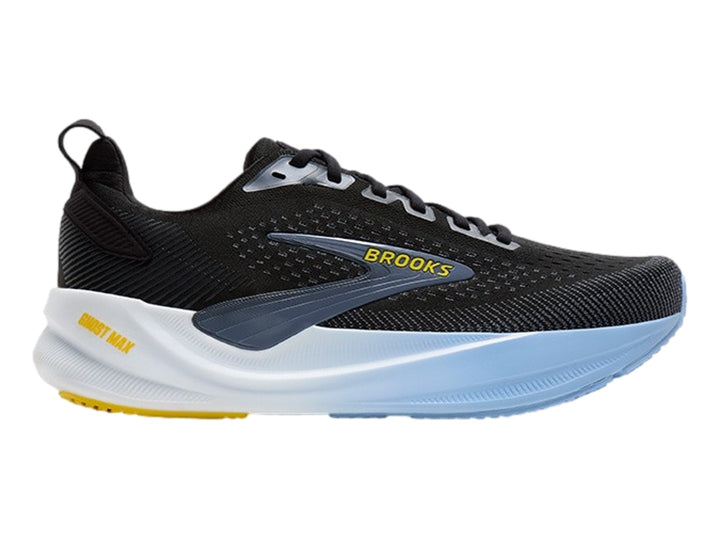 Tenis Brooks Ghost Max 4 en color negro con suela blanca y detalles en azul claro y amarillo.
