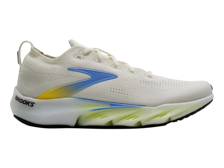 Tenis Brooks Glycerin Flex color blanco con detalles en amarillo y azul, vista lateral sobre fondo blanco.