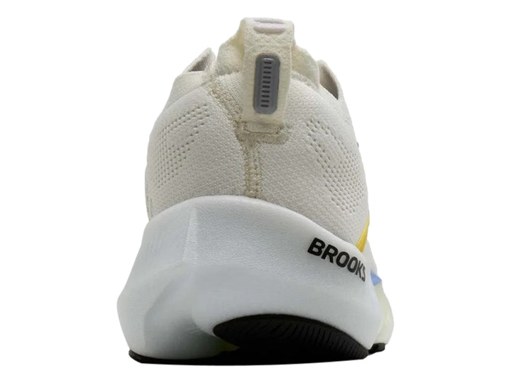 Tenis Brooks Glycerin Flex color blanco con detalles en amarillo y azul, vista lateral sobre fondo blanco.