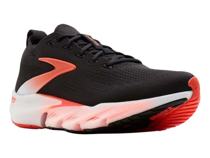 Tenis Brooks Glycerin Flex en color negro con detalles en naranja y blanco, vista lateral.
