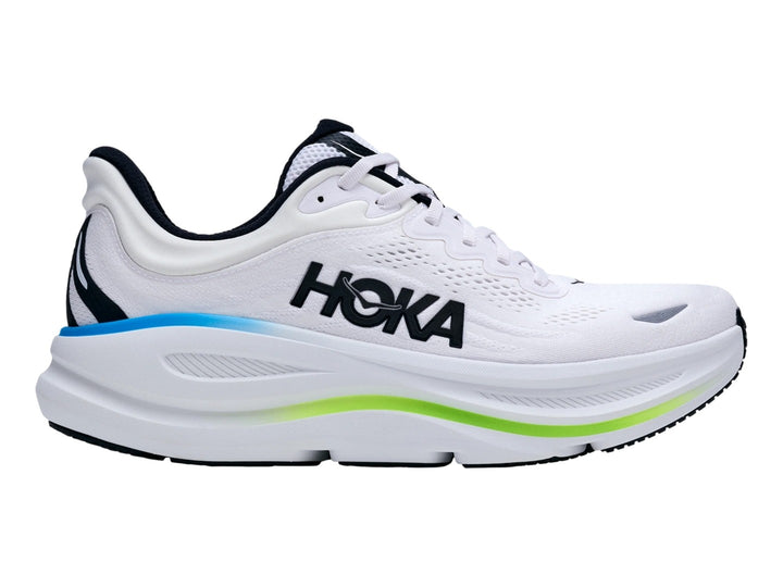 Tenis HOKA Bondi 9 color blanco con detalles en azul y verde neón, vista lateral sobre fondo blanco.