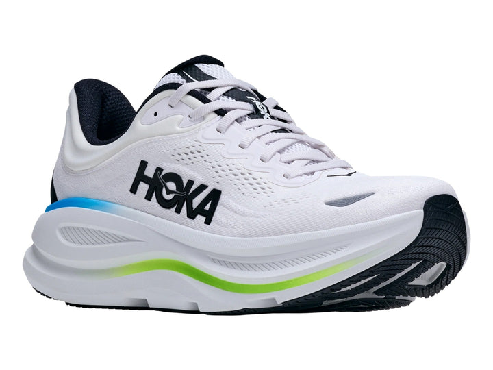 Tenis HOKA Bondi 9 color blanco con detalles en azul y verde neón, vista lateral sobre fondo blanco.