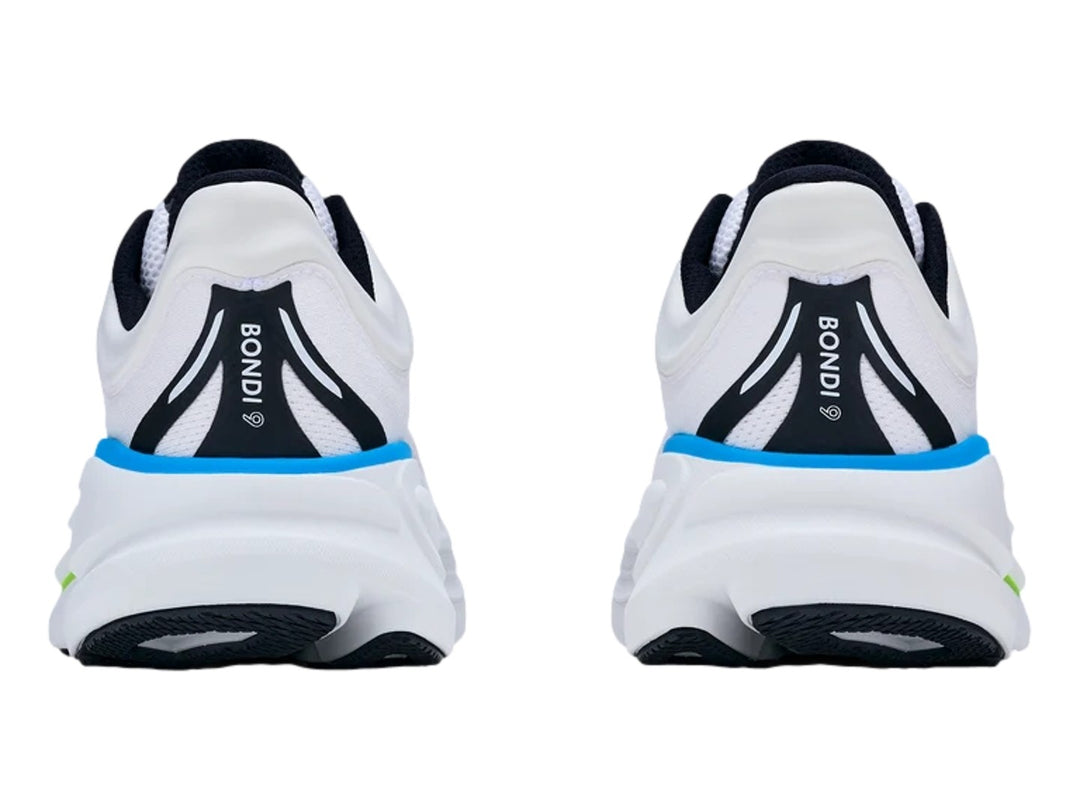 Tenis HOKA Bondi 9 color blanco con detalles en azul y verde neón, vista lateral sobre fondo blanco.