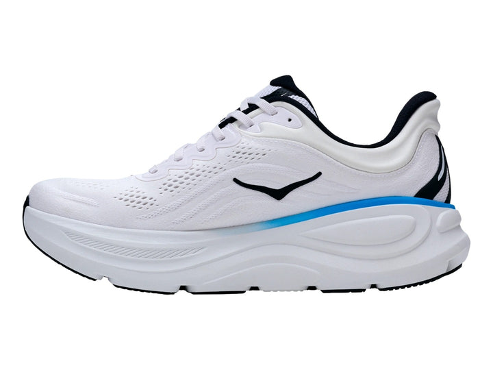 Tenis HOKA Bondi 9 color blanco con detalles en azul y verde neón, vista lateral sobre fondo blanco.