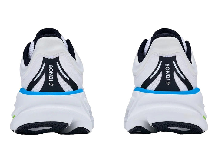 Tenis HOKA Bondi 9 color blanco con detalles en azul y verde neón y suela blanca gruesa