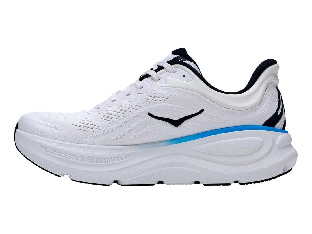Tenis HOKA Bondi 9 color blanco con detalles en azul y verde neón y suela blanca gruesa